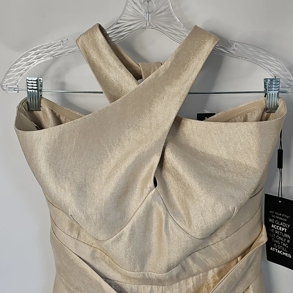 WHBM Champagne Gold Wide Leg Halter Jumpsuit wFront Pockets Cocktail Coquette - Picture 5 of 16